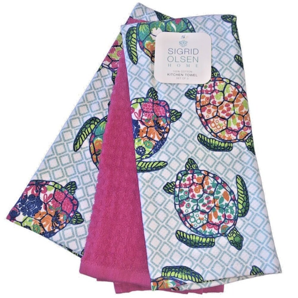 Sigrid Olsen Kitchen Dish Towels Sea Turtles Summer Beach House Home Set of 3